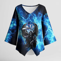 Custom Grim Reaper Bowling Kimono Sleeve Blouse with Blue Lightning Background - Wonder Print Shop