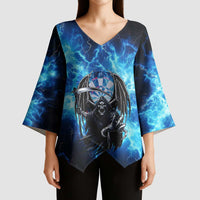 Custom Grim Reaper Bowling Kimono Sleeve Blouse with Blue Lightning Background - Wonder Print Shop