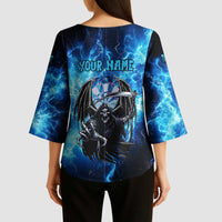 Custom Grim Reaper Bowling Kimono Sleeve Blouse with Blue Lightning Background - Wonder Print Shop