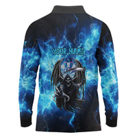 Custom Grim Reaper Bowling Long Sleeve Polo Shirt with Blue Lightning Background - Wonder Print Shop