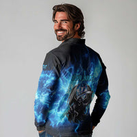 Custom Grim Reaper Bowling Long Sleeve Polo Shirt with Blue Lightning Background - Wonder Print Shop