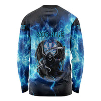 Custom Grim Reaper Bowling Long Sleeve Shirt with Blue Lightning Background - Wonder Print Shop