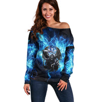 Custom Grim Reaper Bowling Off Shoulder Sweater with Blue Lightning Background - Wonder Print Shop