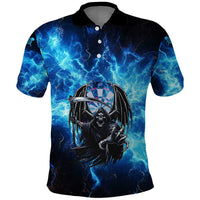 Custom Grim Reaper Bowling Polo Shirt with Blue Lightning Background - Wonder Print Shop