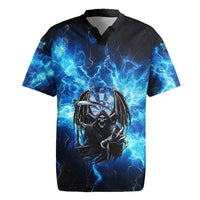 Custom Grim Reaper Bowling Rugby Jersey with Blue Lightning Background - Wonder Print Shop
