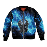Custom Grim Reaper Bowling Sleeve Zip Bomber Jacket with Blue Lightning Background - Wonder Print Shop