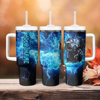 Custom Grim Reaper Bowling Tumbler With Handle with Blue Lightning Background - Wonder Print Shop