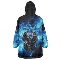 Custom Grim Reaper Bowling Wearable Blanket Hoodie with Blue Lightning Background - Wonder Print Shop