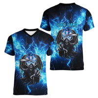 Custom Grim Reaper Bowling Women V-Neck T-Shirt with Blue Lightning Background - Wonder Print Shop