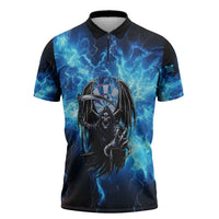 Custom Grim Reaper Bowling Zipper Polo Shirt with Blue Lightning Background - Wonder Print Shop