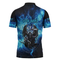 Custom Grim Reaper Bowling Zipper Polo Shirt with Blue Lightning Background - Wonder Print Shop