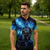 Custom Grim Reaper Bowling Zipper Polo Shirt with Blue Lightning Background - Wonder Print Shop