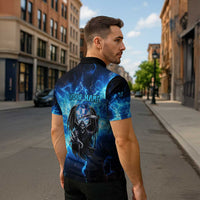 Custom Grim Reaper Bowling Zipper Polo Shirt with Blue Lightning Background - Wonder Print Shop