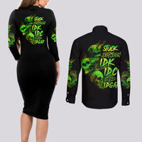 Stuck Between Idk Idc And Idgaf Skull Couples Matching Long Sleeve Bodycon Dress and Long Sleeve Button Shirt - Wonder Print Shop