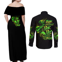 Stuck Between Idk Idc And Idgaf Skull Couples Matching Off Shoulder Maxi Dress and Long Sleeve Button Shirt - Wonder Print Shop