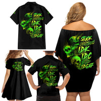 Stuck Between Idk Idc And Idgaf Skull Family Matching Off Shoulder Short Dress and Hawaiian Shirt - Wonder Print Shop