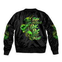 Stuck Between Idk Idc And Idgaf Skull Sleeve Zip Bomber Jacket - Wonder Print Shop