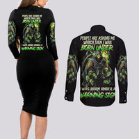 Warning Sign Skull Reaper Couples Matching Long Sleeve Bodycon Dress and Long Sleeve Button Shirt - Wonder Print Shop