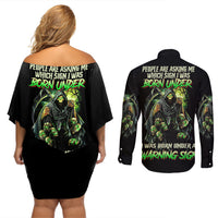 Warning Sign Skull Reaper Couples Matching Off Shoulder Short Dress and Long Sleeve Button Shirt - Wonder Print Shop