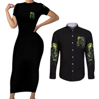 Warning Sign Skull Reaper Couples Matching Short Sleeve Bodycon Dress and Long Sleeve Button Shirt - Wonder Print Shop