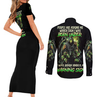 Warning Sign Skull Reaper Couples Matching Short Sleeve Bodycon Dress and Long Sleeve Button Shirt - Wonder Print Shop