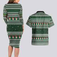 Sloth Christmas Couples Matching Long Sleeve Bodycon Dress and Hawaiian Shirt with Santa Hat, Presents, and Festive Pattern - Wonder Print Shop