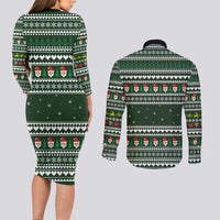 Sloth Christmas Couples Matching Long Sleeve Bodycon Dress and Long Sleeve Button Shirt with Santa Hat, Presents, and Festive Pattern - Wonder Print Shop