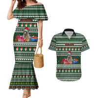 Sloth Christmas Couples Matching Mermaid Dress and Hawaiian Shirt with Santa Hat, Presents, and Festive Pattern - Wonder Print Shop