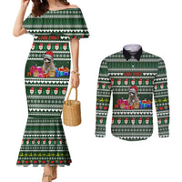 Sloth Christmas Couples Matching Mermaid Dress and Long Sleeve Button Shirt with Santa Hat, Presents, and Festive Pattern - Wonder Print Shop