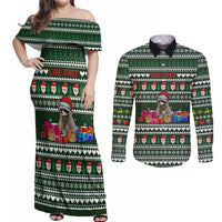 Sloth Christmas Couples Matching Off Shoulder Maxi Dress and Long Sleeve Button Shirt with Santa Hat, Presents, and Festive Pattern - Wonder Print Shop