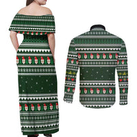 Sloth Christmas Couples Matching Off Shoulder Maxi Dress and Long Sleeve Button Shirt with Santa Hat, Presents, and Festive Pattern - Wonder Print Shop