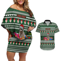 Sloth Christmas Couples Matching Off Shoulder Short Dress and Hawaiian Shirt with Santa Hat, Presents, and Festive Pattern - Wonder Print Shop