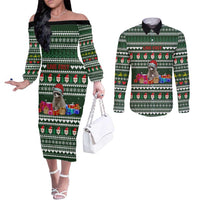 Sloth Christmas Couples Matching Off The Shoulder Long Sleeve Dress and Long Sleeve Button Shirt with Santa Hat, Presents, and Festive Pattern - Wonder Print Shop