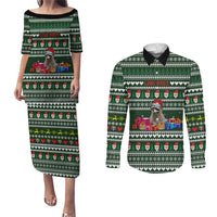 Sloth Christmas Couples Matching Puletasi and Long Sleeve Button Shirt with Santa Hat, Presents, and Festive Pattern - Wonder Print Shop
