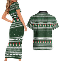 Sloth Christmas Couples Matching Short Sleeve Bodycon Dress and Hawaiian Shirt with Santa Hat, Presents, and Festive Pattern - Wonder Print Shop