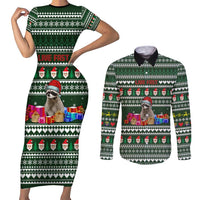 Sloth Christmas Couples Matching Short Sleeve Bodycon Dress and Long Sleeve Button Shirt with Santa Hat, Presents, and Festive Pattern - Wonder Print Shop