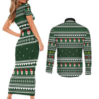 Sloth Christmas Couples Matching Short Sleeve Bodycon Dress and Long Sleeve Button Shirt with Santa Hat, Presents, and Festive Pattern - Wonder Print Shop