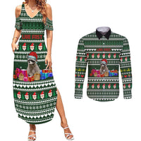 Sloth Christmas Couples Matching Summer Maxi Dress and Long Sleeve Button Shirt with Santa Hat, Presents, and Festive Pattern - Wonder Print Shop