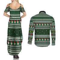 Sloth Christmas Couples Matching Summer Maxi Dress and Long Sleeve Button Shirt with Santa Hat, Presents, and Festive Pattern - Wonder Print Shop
