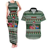 Sloth Christmas Couples Matching Tank Maxi Dress and Hawaiian Shirt with Santa Hat, Presents, and Festive Pattern - Wonder Print Shop