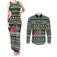 Sloth Christmas Couples Matching Tank Maxi Dress and Long Sleeve Button Shirt with Santa Hat, Presents, and Festive Pattern - Wonder Print Shop
