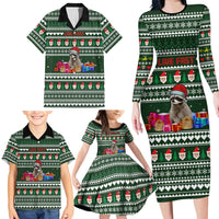 Sloth Christmas Family Matching Long Sleeve Bodycon Dress and Hawaiian Shirt with Santa Hat, Presents, and Festive Pattern - Wonder Print Shop