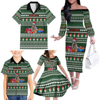 Sloth Christmas Family Matching Off The Shoulder Long Sleeve Dress and Hawaiian Shirt with Santa Hat, Presents, and Festive Pattern - Wonder Print Shop
