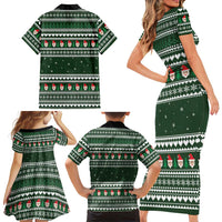 Sloth Christmas Family Matching Short Sleeve Bodycon Dress and Hawaiian Shirt with Santa Hat, Presents, and Festive Pattern - Wonder Print Shop