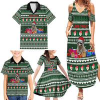 Sloth Christmas Family Matching Summer Maxi Dress and Hawaiian Shirt with Santa Hat, Presents, and Festive Pattern - Wonder Print Shop