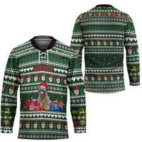 Sloth Christmas Hockey Jersey with Santa Hat, Presents, and Festive Pattern - Wonder Print Shop