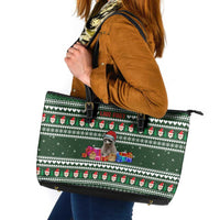 Sloth Christmas Leather Tote Bag with Santa Hat, Presents, and Festive Pattern - Wonder Print Shop