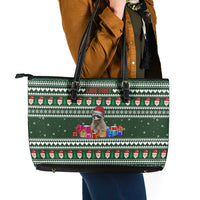 Sloth Christmas Leather Tote Bag with Santa Hat, Presents, and Festive Pattern - Wonder Print Shop