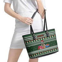 Sloth Christmas Leather Tote Bag with Santa Hat, Presents, and Festive Pattern - Wonder Print Shop