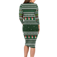 Sloth Christmas Long Sleeve Bodycon Dress with Santa Hat, Presents, and Festive Pattern - Wonder Print Shop